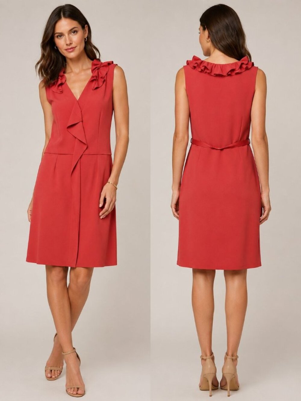 Elie Tahari Sleeveless Ruffled Neck Coral Midi Women Dress Size 2